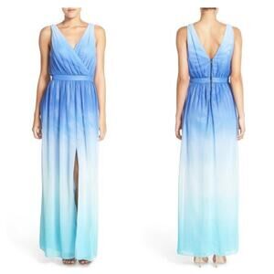 Jay Godfrey Sinclair Blue Teal Ombre Chiffon Slit Front Maxi Dress Gown size 8